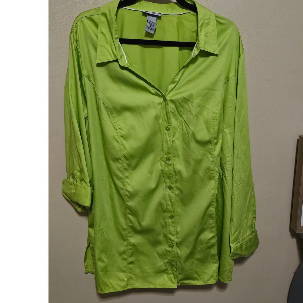 Catherines Lime Green Button Down Shirt 2X 22/24W Roll Tab Sleeve Stretch Sateen